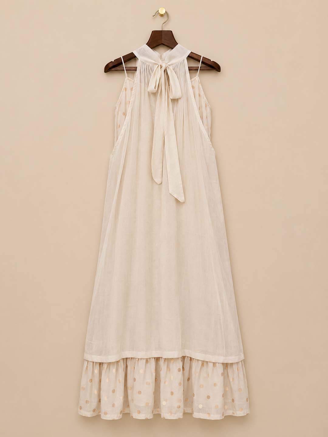 Tara-Ivory Gold Polka-Dot Layered Maxi Dress