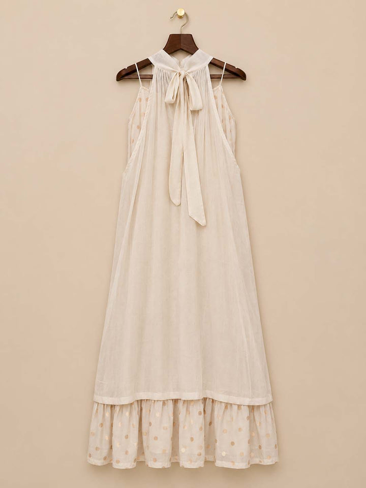 Tara-Ivory Gold Polka-Dot Layered Maxi Dress