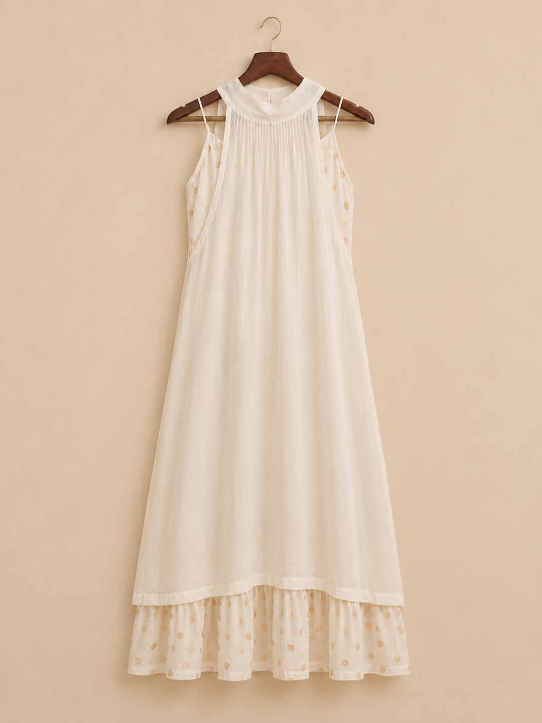Tara-Ivory Gold Polka-Dot Layered Maxi Dress