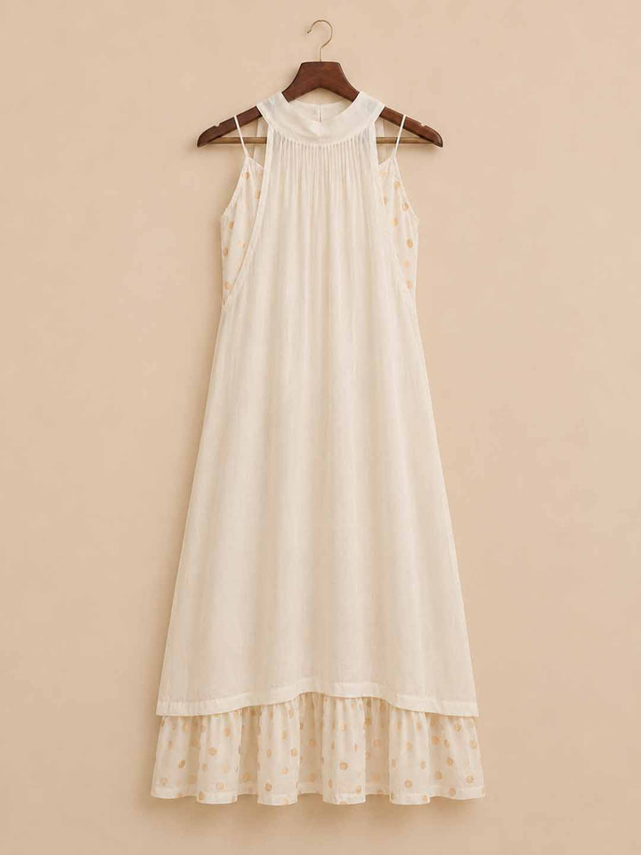 Tara-Ivory Gold Polka-Dot Layered Maxi Dress