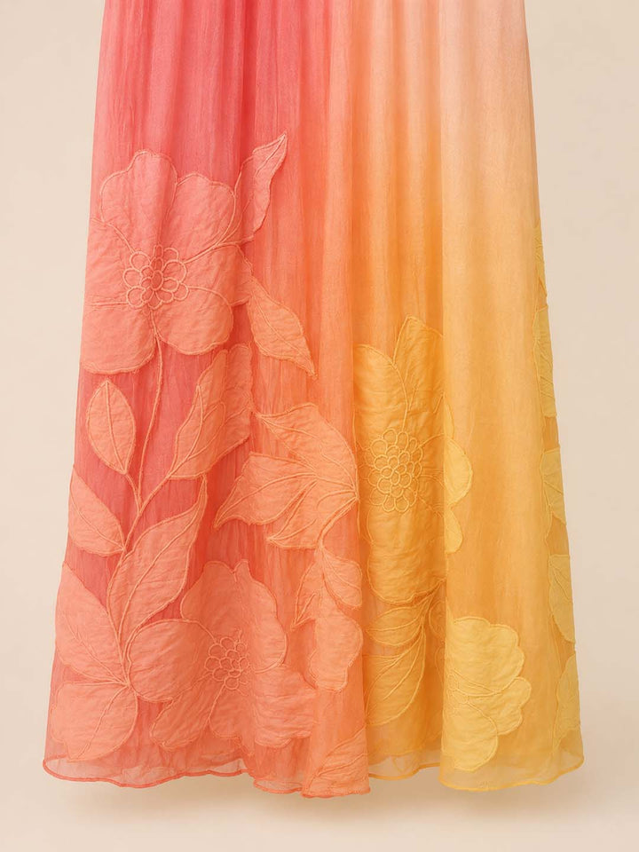 Hyacinth -Sunset Ombre Floral Applique Maxi Dress