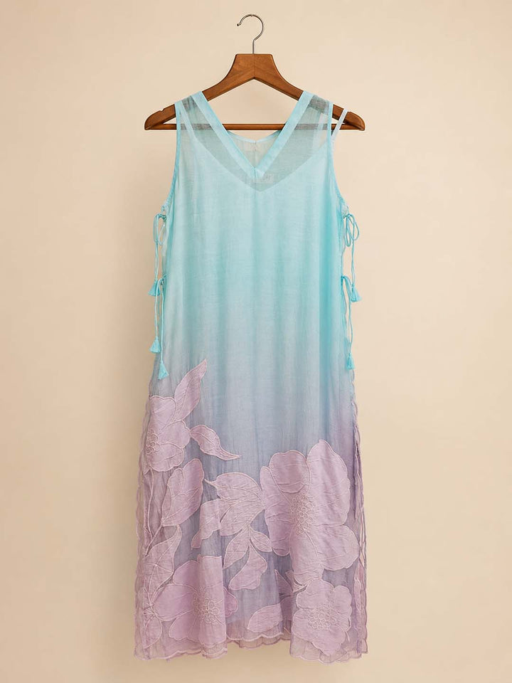 Francesca -Aqua Blue And Lilac Ombre Floral Applique Maxi Dress