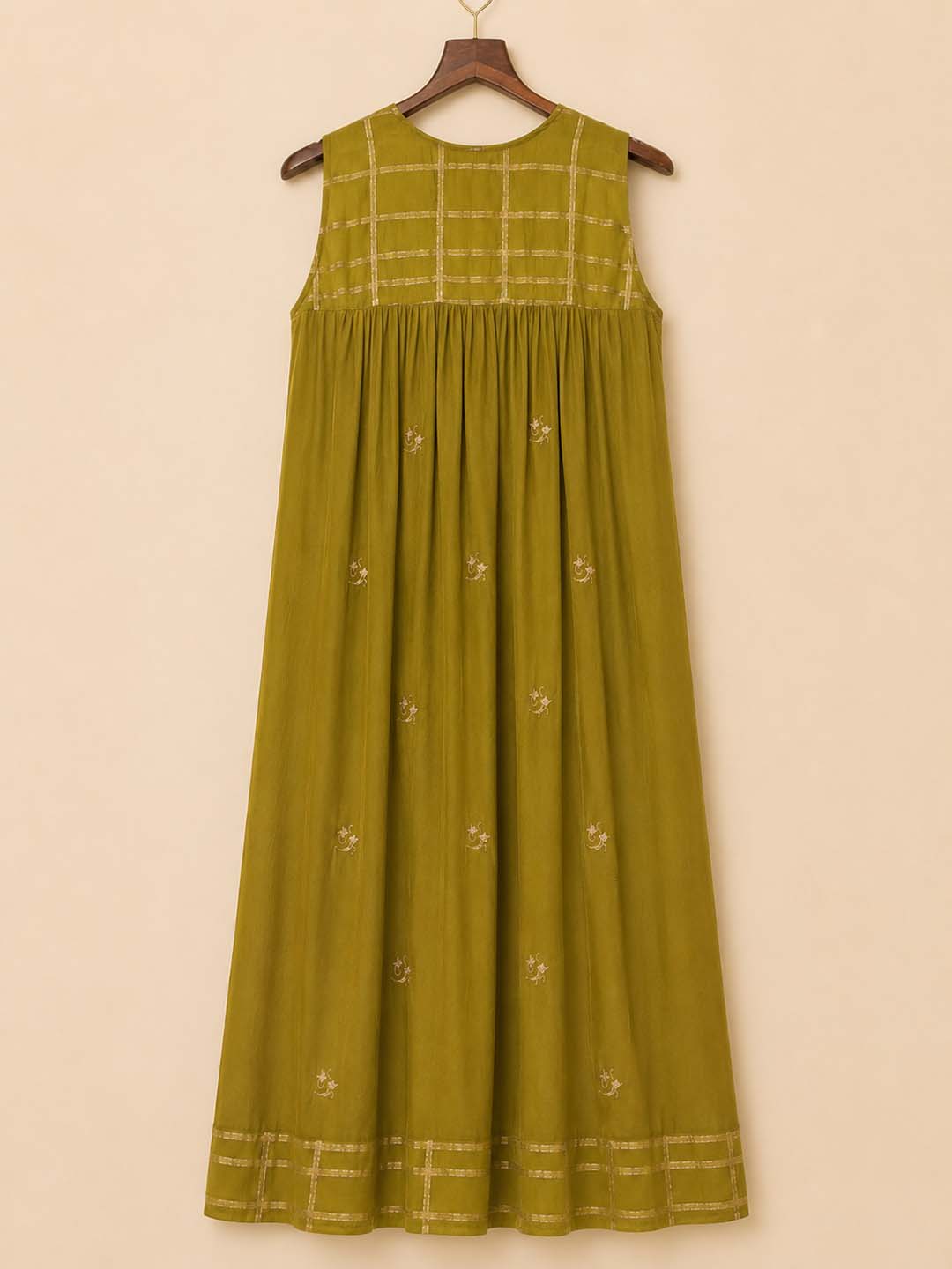 Gia - Olive Green Gathered Embroidered Maxi Dress