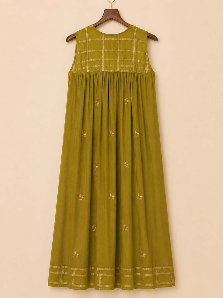 Gia - Olive Green Gathered Embroidered Maxi Dress