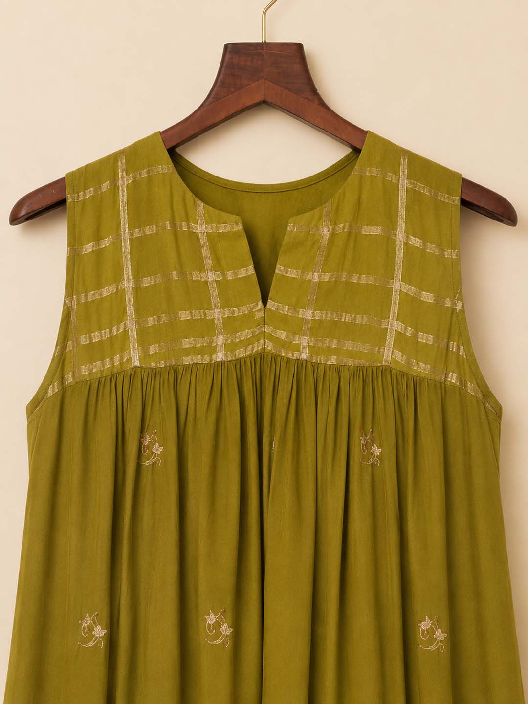 Gia - Olive Green Gathered Embroidered Maxi Dress