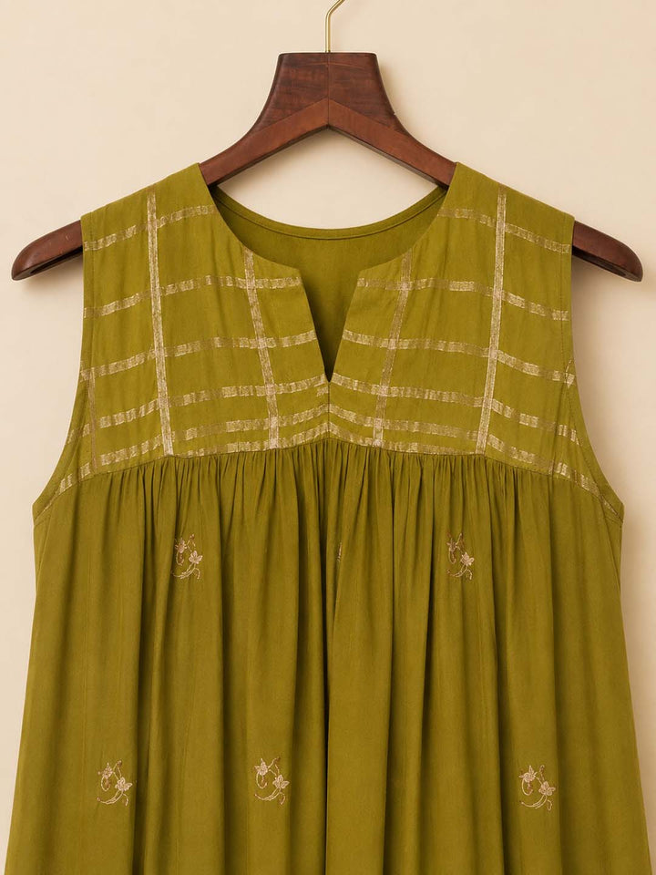 Gia - Olive Green Gathered Embroidered Maxi Dress