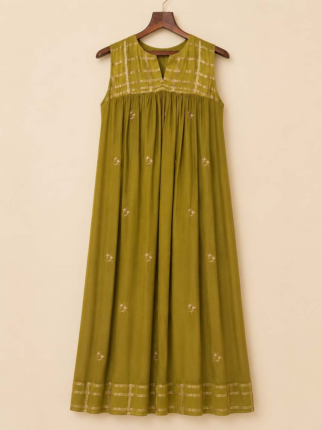 Gia - Olive Green Gathered Embroidered Maxi Dress