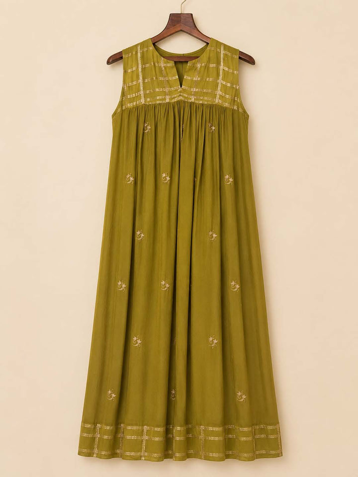 Gia - Olive Green Gathered Embroidered Maxi Dress