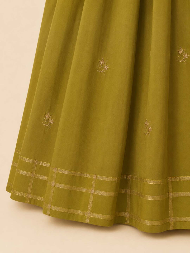 Gia - Olive Green Gathered Embroidered Maxi Dress