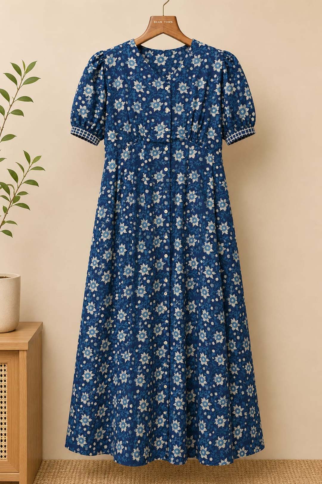 Indigo Floral Button-Down Maxi Dress