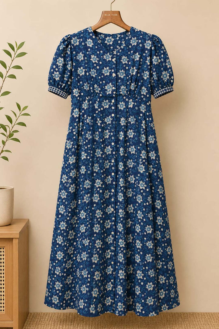 Indigo Floral Button-Down Maxi Dress