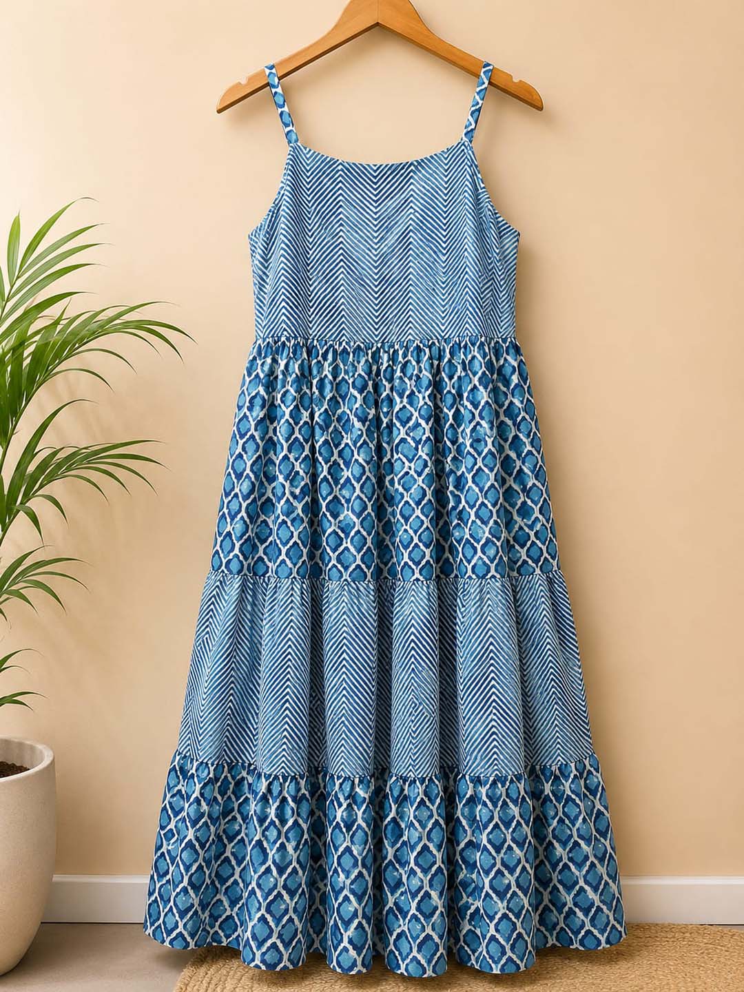Indigo Printed Tiered Cotton Maxi Dress