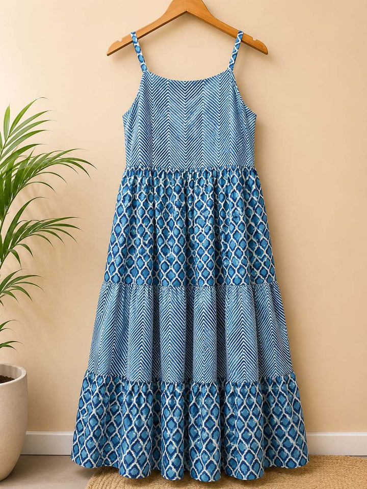 Indigo Printed Tiered Cotton Maxi Dress