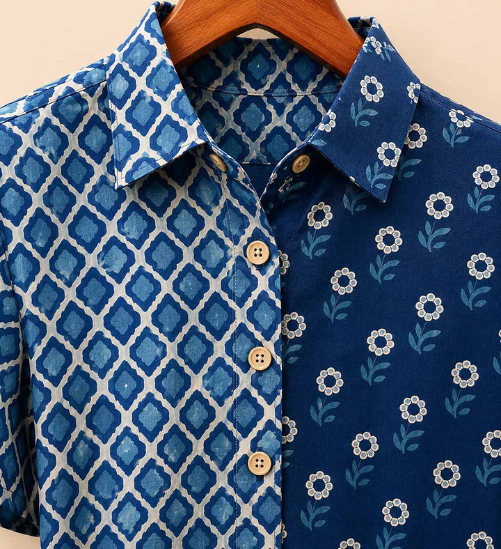 Oversized Indigo Printed Half Sleeve Button-Down  Shirt