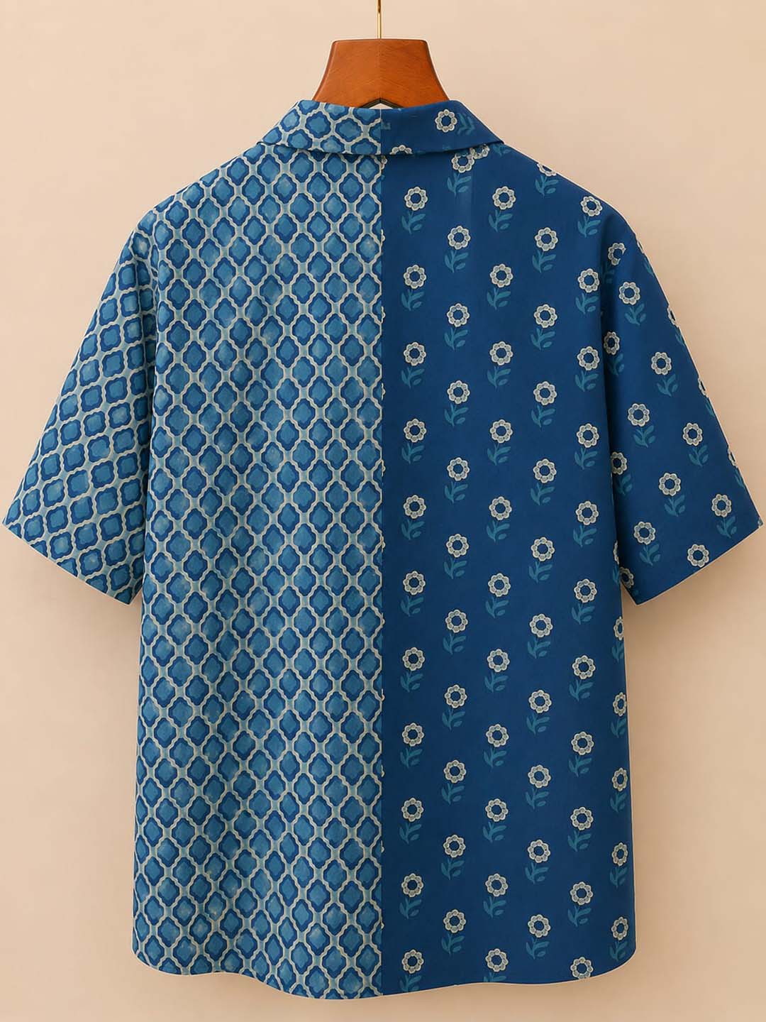 Oversized Indigo Printed Half Sleeve Button-Down  Shirt