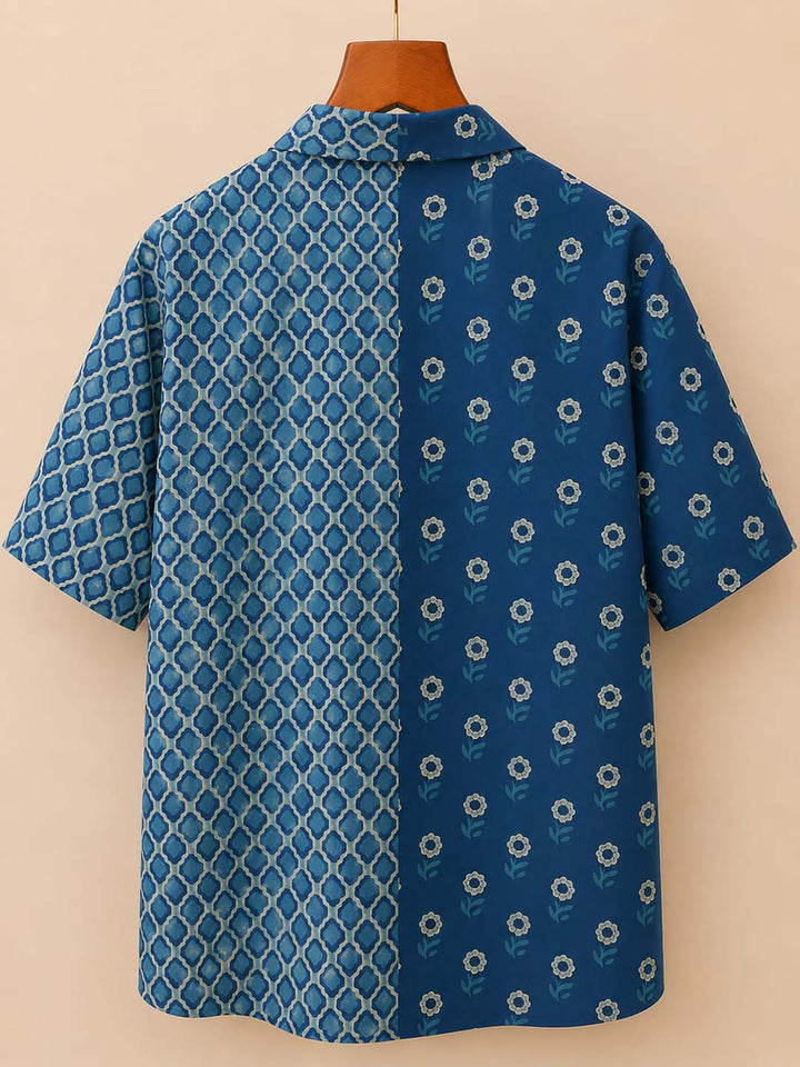 Oversized Indigo Printed Half Sleeve Button-Down  Shirt
