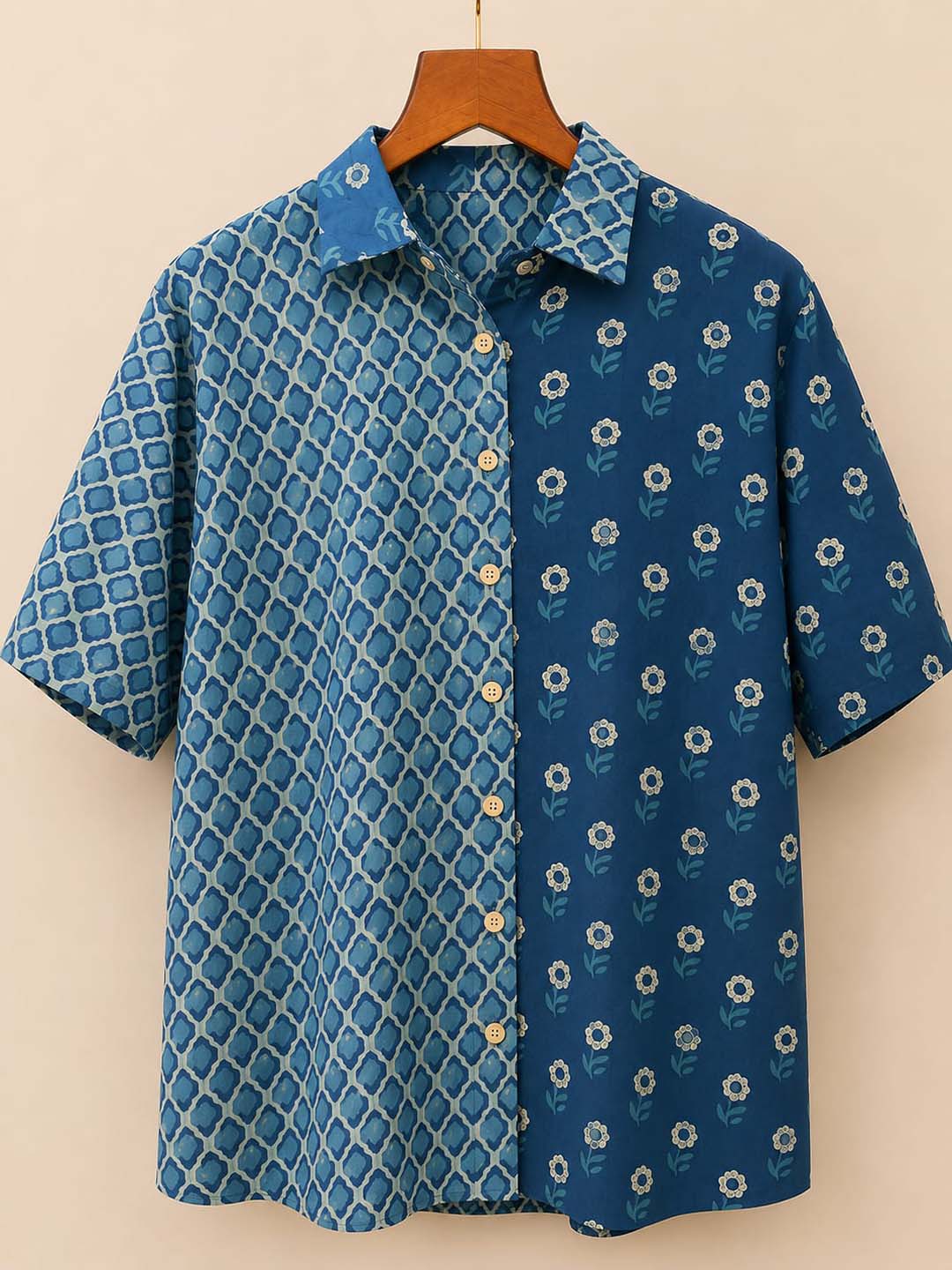 Oversized Indigo Printed Half Sleeve Button-Down  Shirt