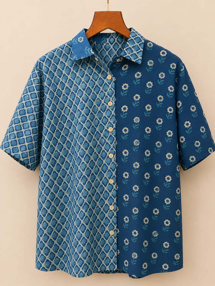 Oversized Indigo Printed Half Sleeve Button-Down  Shirt