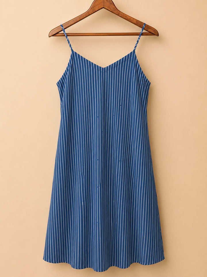 Indigo Striped Sleeveless A-Line Midi Dress