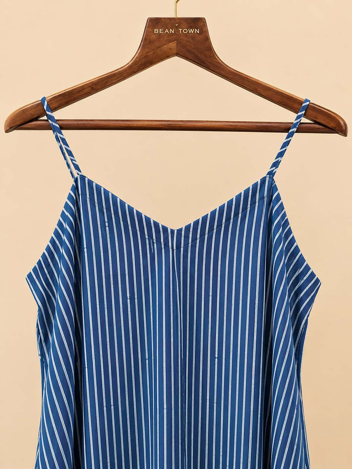 Indigo Striped Sleeveless A-Line Midi Dress