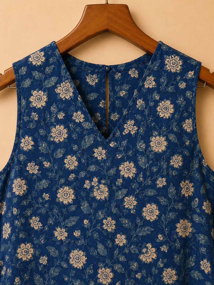 Indigo Floral Sleeveless Cotton Maxi Dress