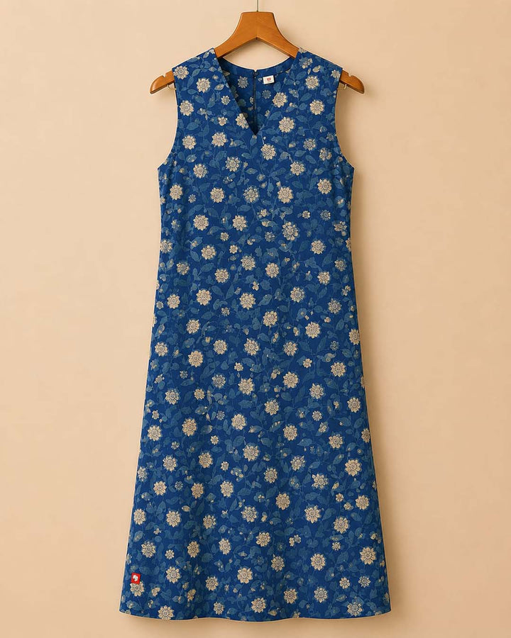 Indigo Floral Sleeveless Cotton Maxi Dress