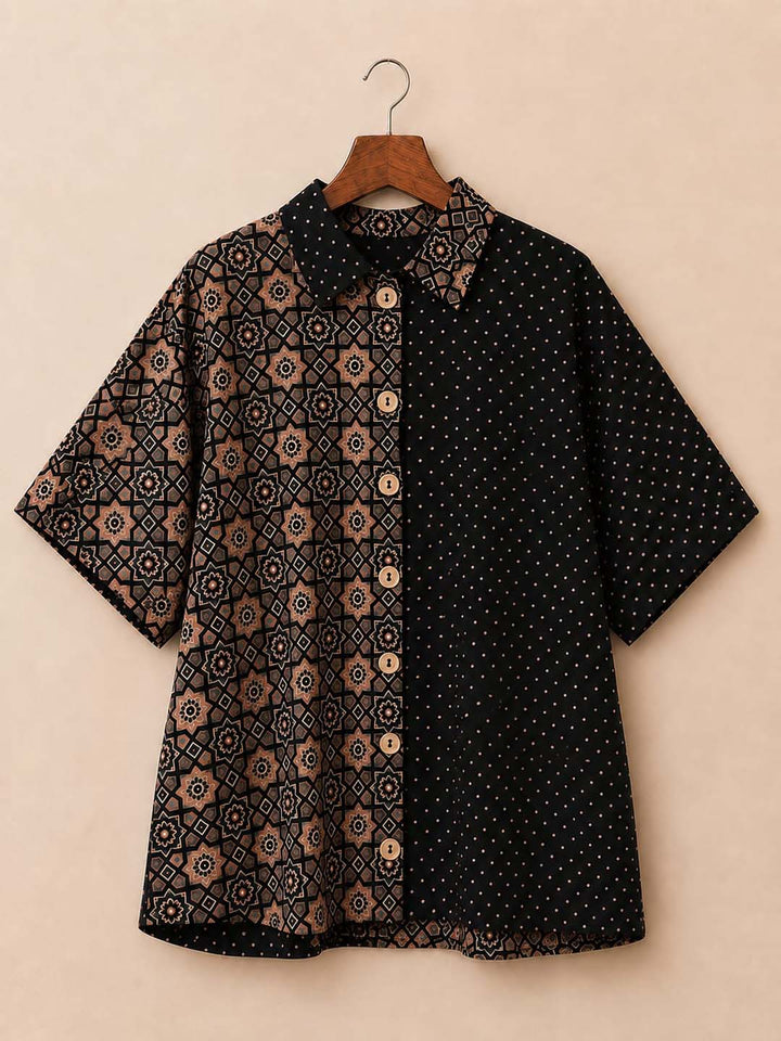 Oversized Black Printed Half Sleeve Button-Down Shirt