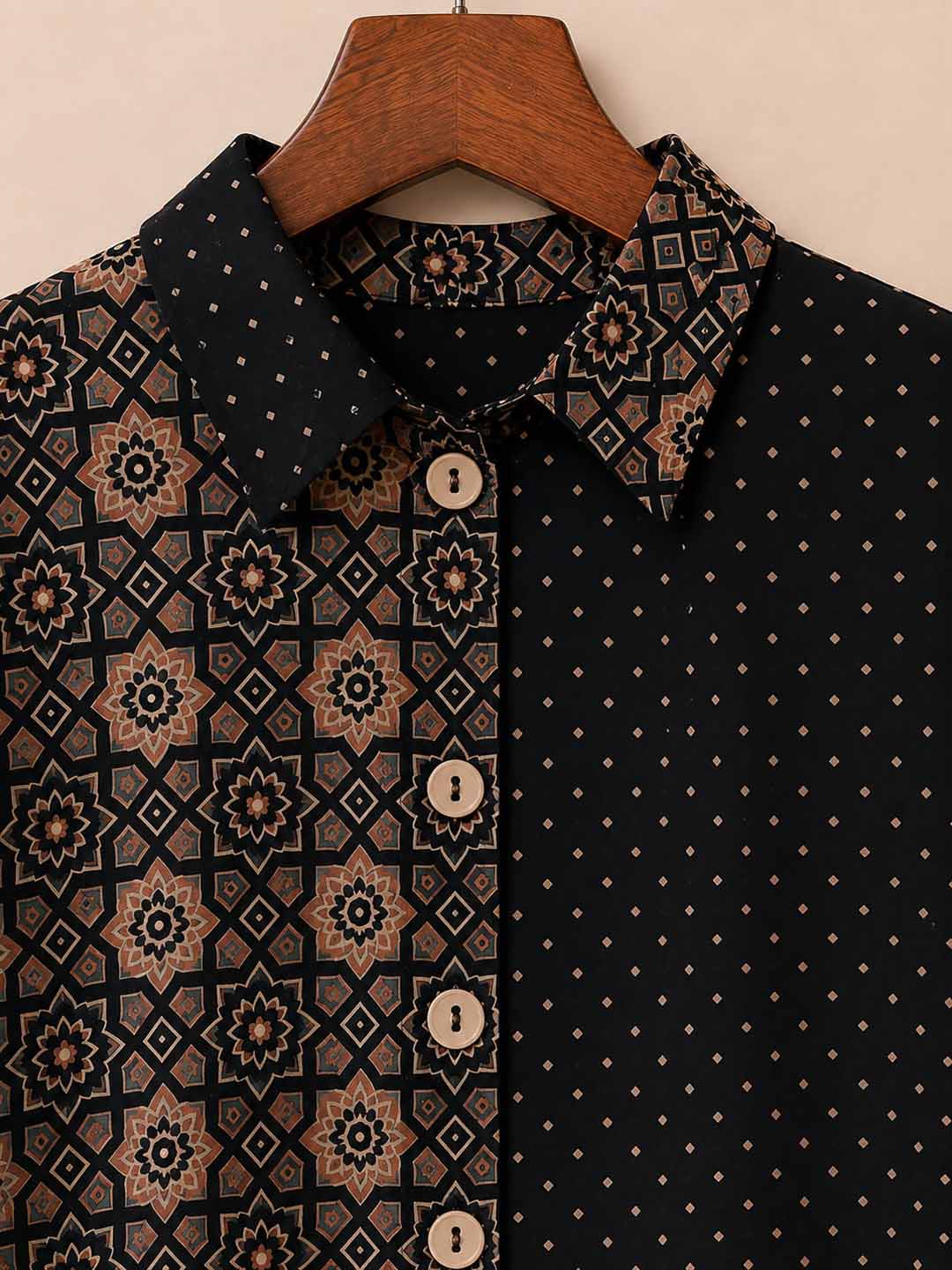 Oversized Black Printed Half Sleeve Button-Down Shirt
