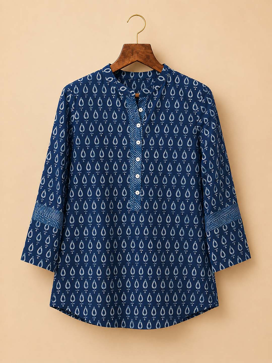 Indigo Printed Mandarin Collar Casual Top