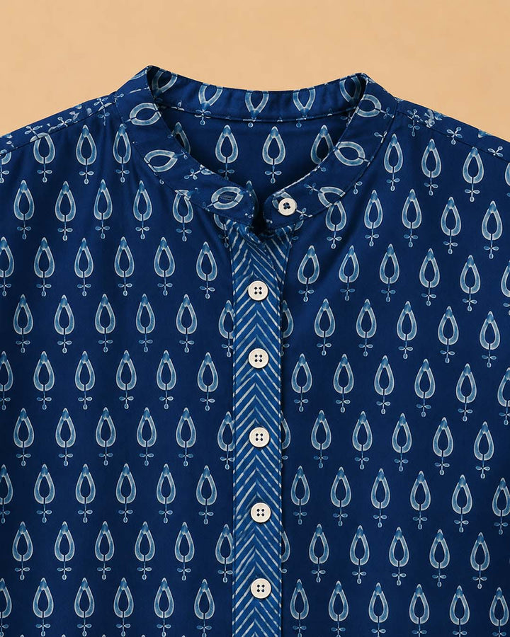 Indigo Printed Mandarin Collar Casual Top