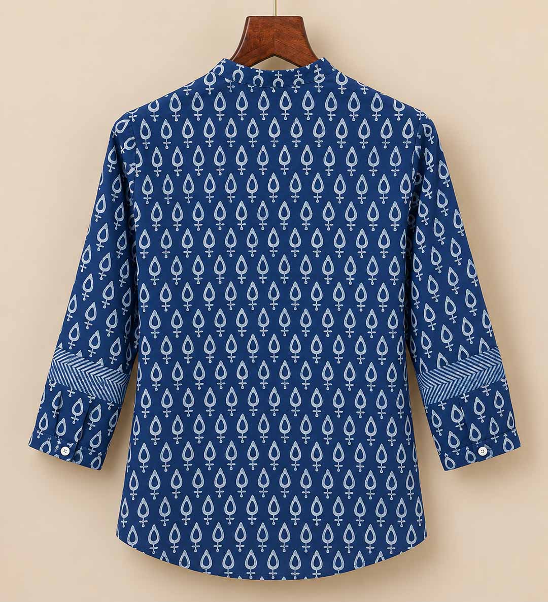 Indigo Printed Mandarin Collar Casual Top