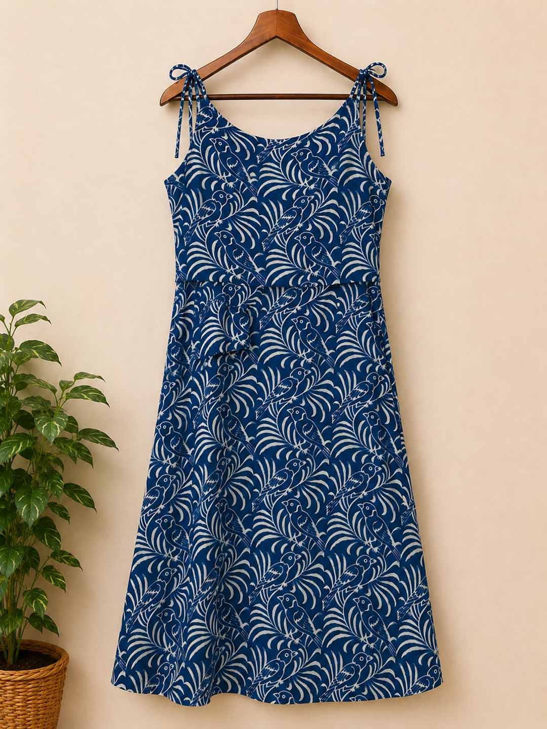 Indigo Bird Print Tie-Shoulder A-Line Dress