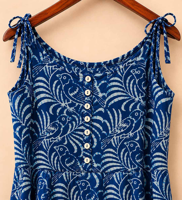 Indigo Bird Print Tie-Shoulder A-Line Dress