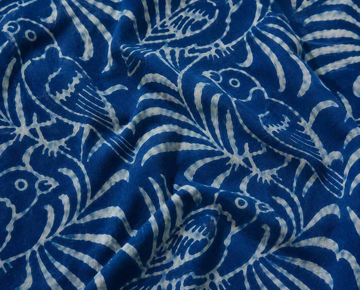 Indigo Bird Print Tie-Shoulder A-Line Dress