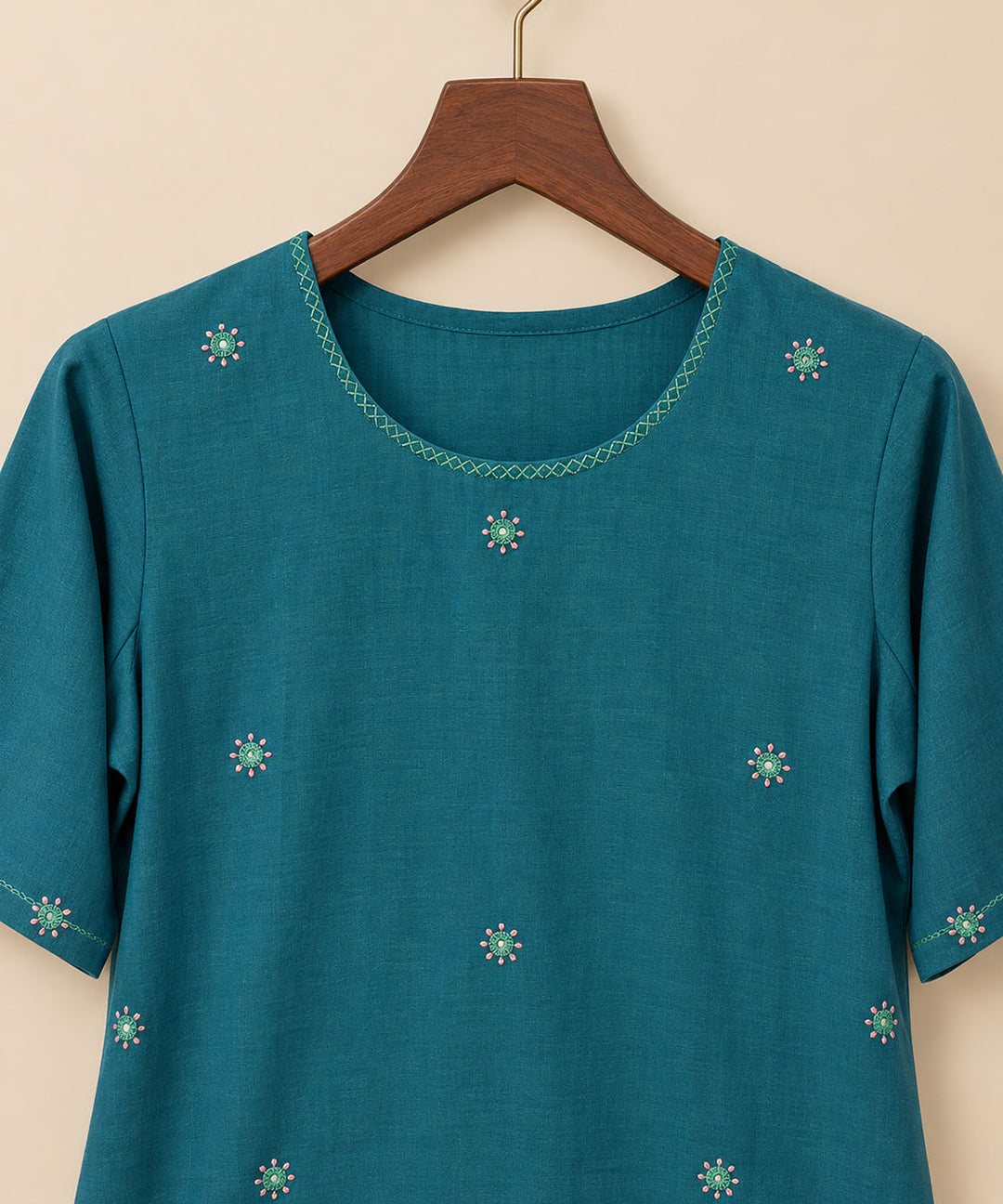Teal Green With Mirror And Floral Embroidery Dress