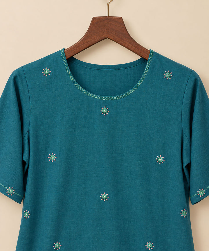 Teal Green With Mirror And Floral Embroidery Dress