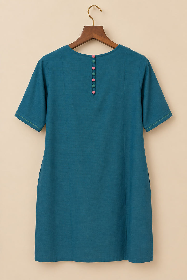 Teal Green With Mirror And Floral Embroidery Dress