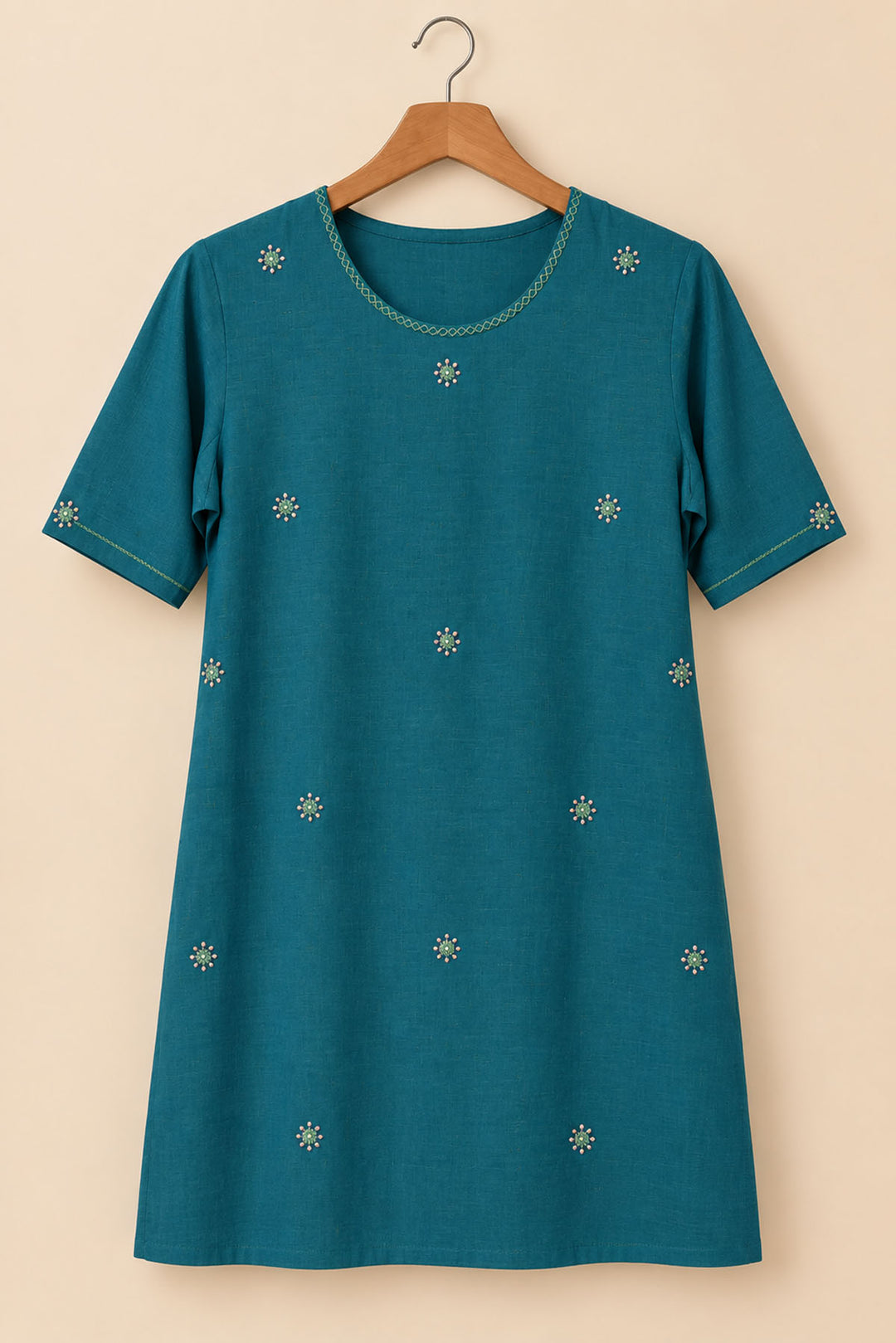 Teal Green With Mirror And Floral Embroidery Dress