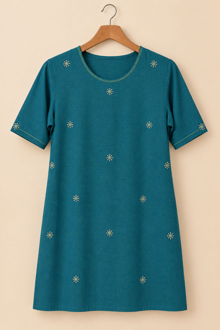 Teal Green With Mirror And Floral Embroidery Dress