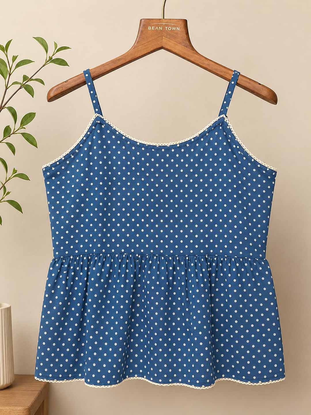 Indigo Polka Dot Lace Trim Peplum Top