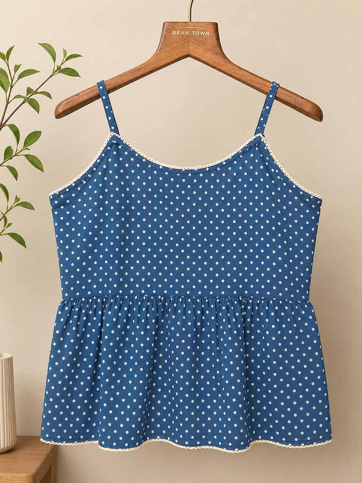 Indigo Polka Dot Lace Trim Peplum Top