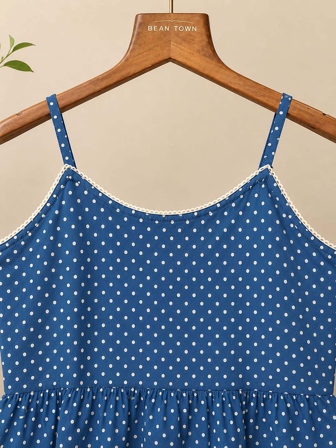 Indigo Polka Dot Lace Trim Peplum Top