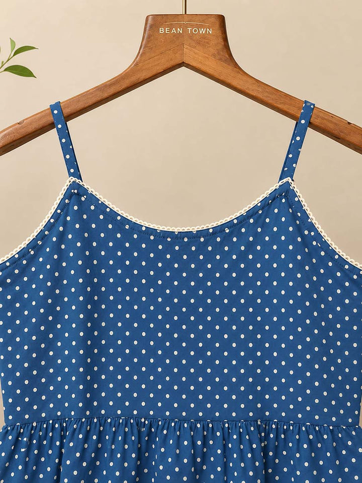 Indigo Polka Dot Lace Trim Peplum Top