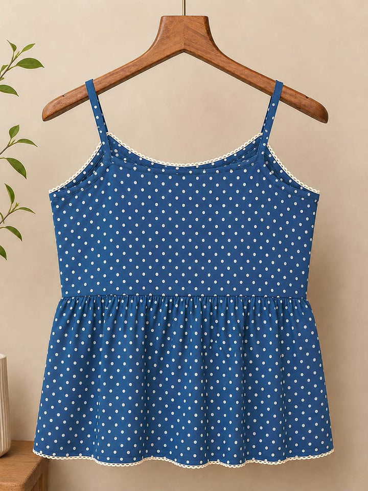 Indigo Polka Dot Lace Trim Peplum Top