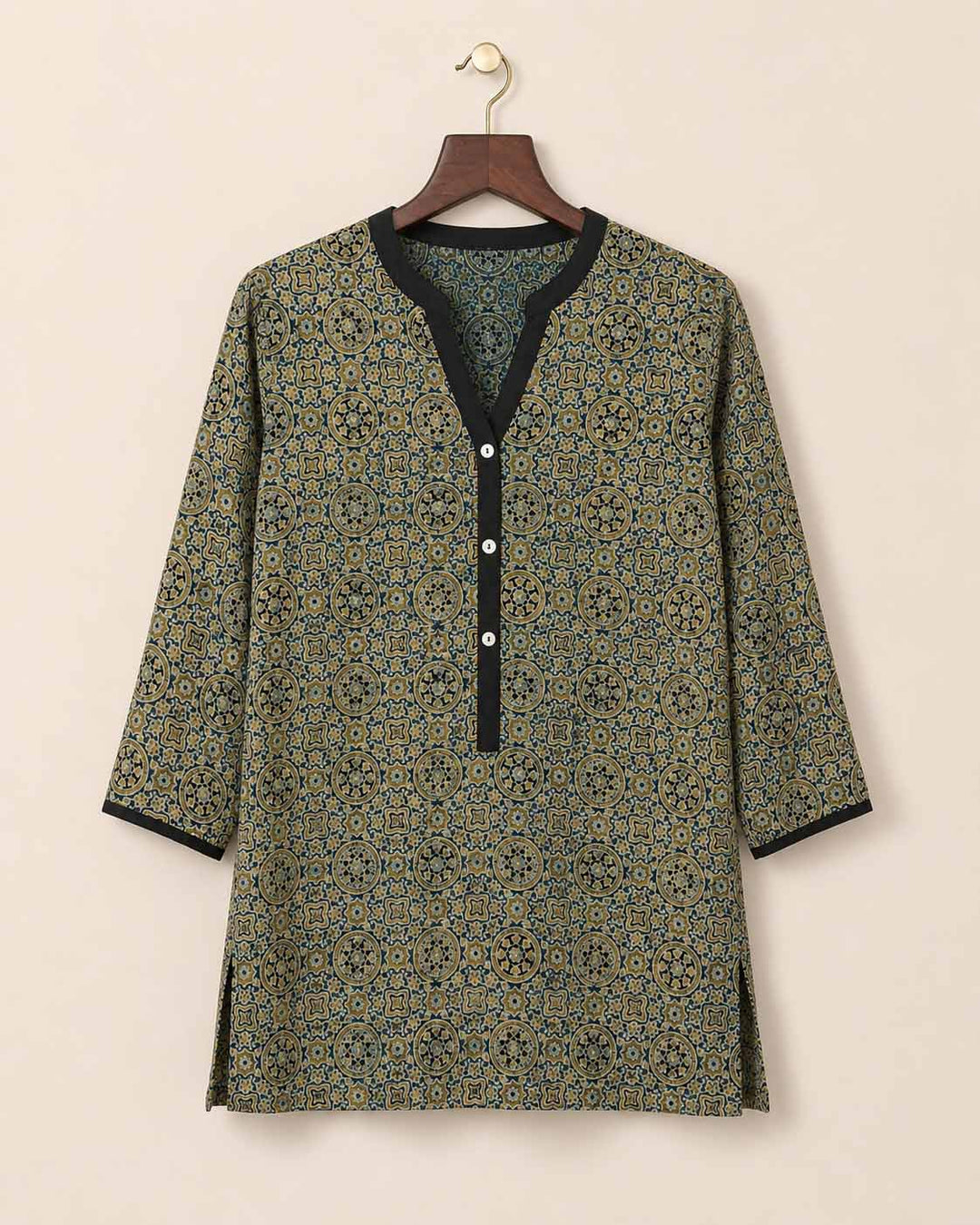 Beige And Mustard Ajrakh Short Kurti