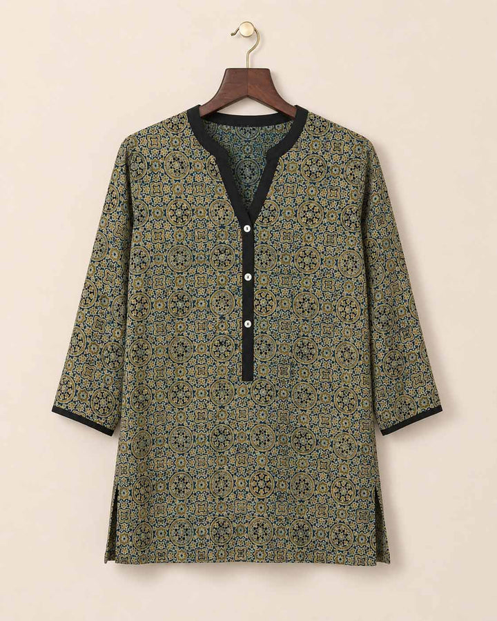 Beige And Mustard Ajrakh Short Kurti