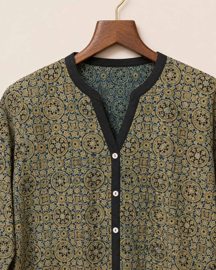 Beige And Mustard Ajrakh Short Kurti