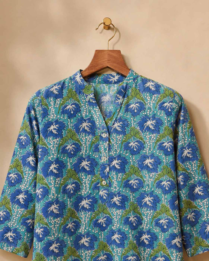 Royal Blue And Bright Green Short Kurti With Parrot Print