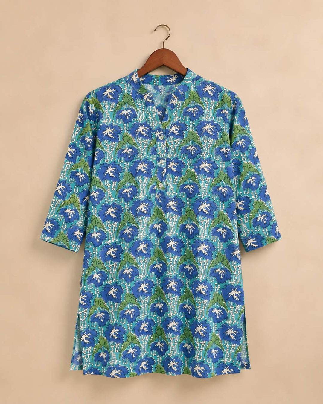 Royal Blue And Bright Green Short Kurti With Parrot Print