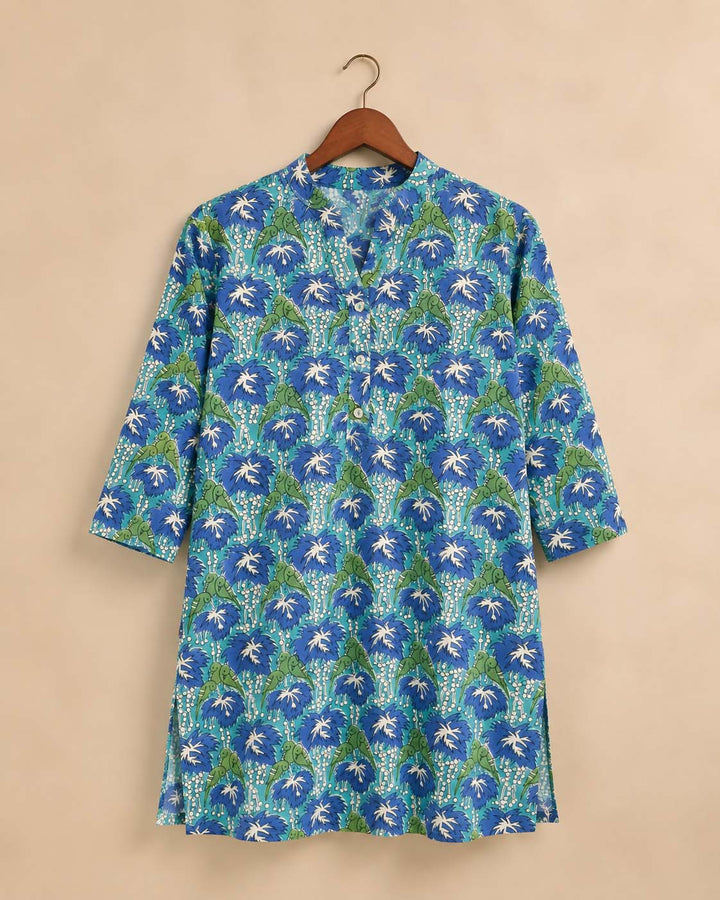 Royal Blue And Bright Green Short Kurti With Parrot Print